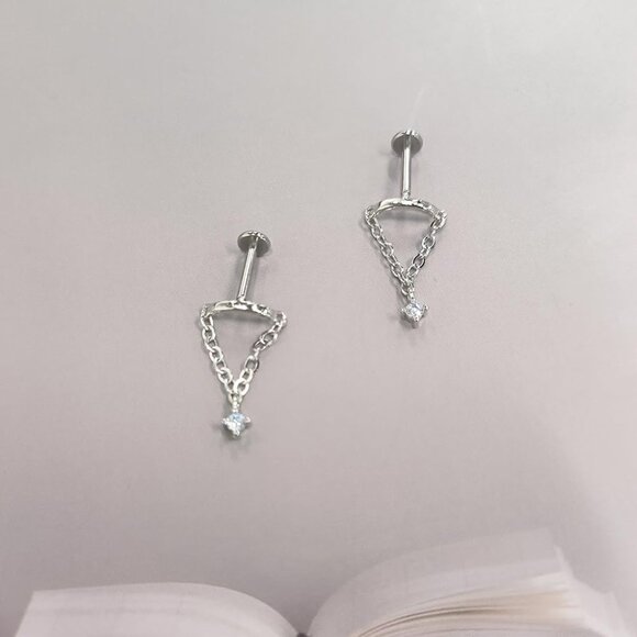 Silver Tassel Chain Dainty Cubic Zirconia Cartilage Earring with Flat Screw Back - Picture 4 of 6